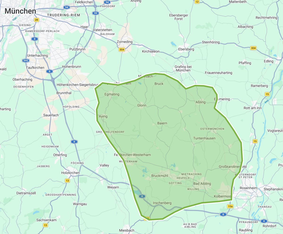 Karte des Einsatzgebiets zwischen Glonn, Aßling, Bad Aibling und Irschenberg südöstlich von München